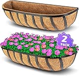 LAVEVE 24’’ Window Box Railing Planter with Coco Liner (2 Pack), Balcony Metal Hanging Planter Bracket with Coconut Liner for Outdoor, Fence, Porch and Patio