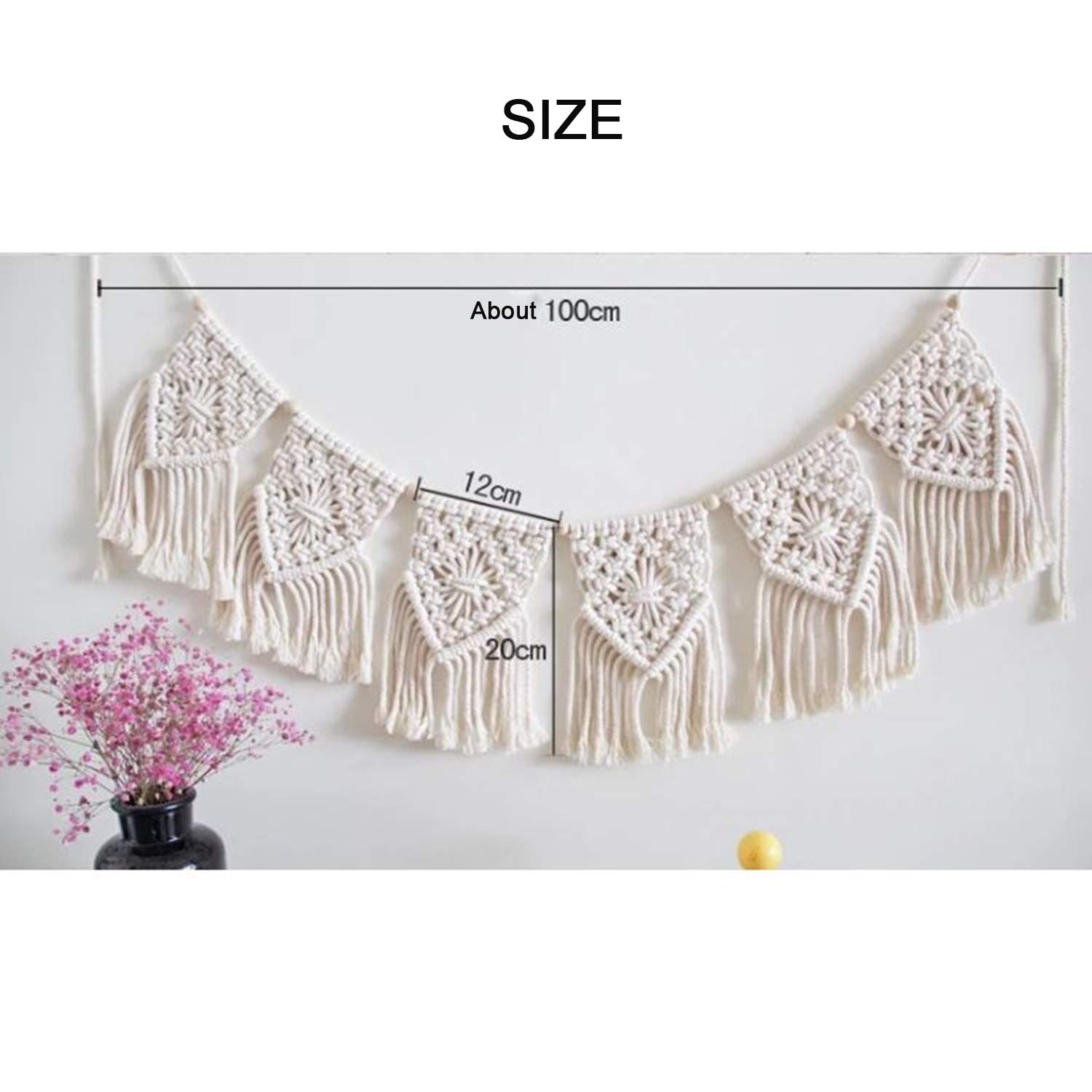Macrame Colgante de Pared Franja Guirnalda Bandera Bohemia, Cuerda de algodón Hecha a Mano Borla Tejida Tapiz de Pared decoración del hogar para el Dormitorio Boda,White