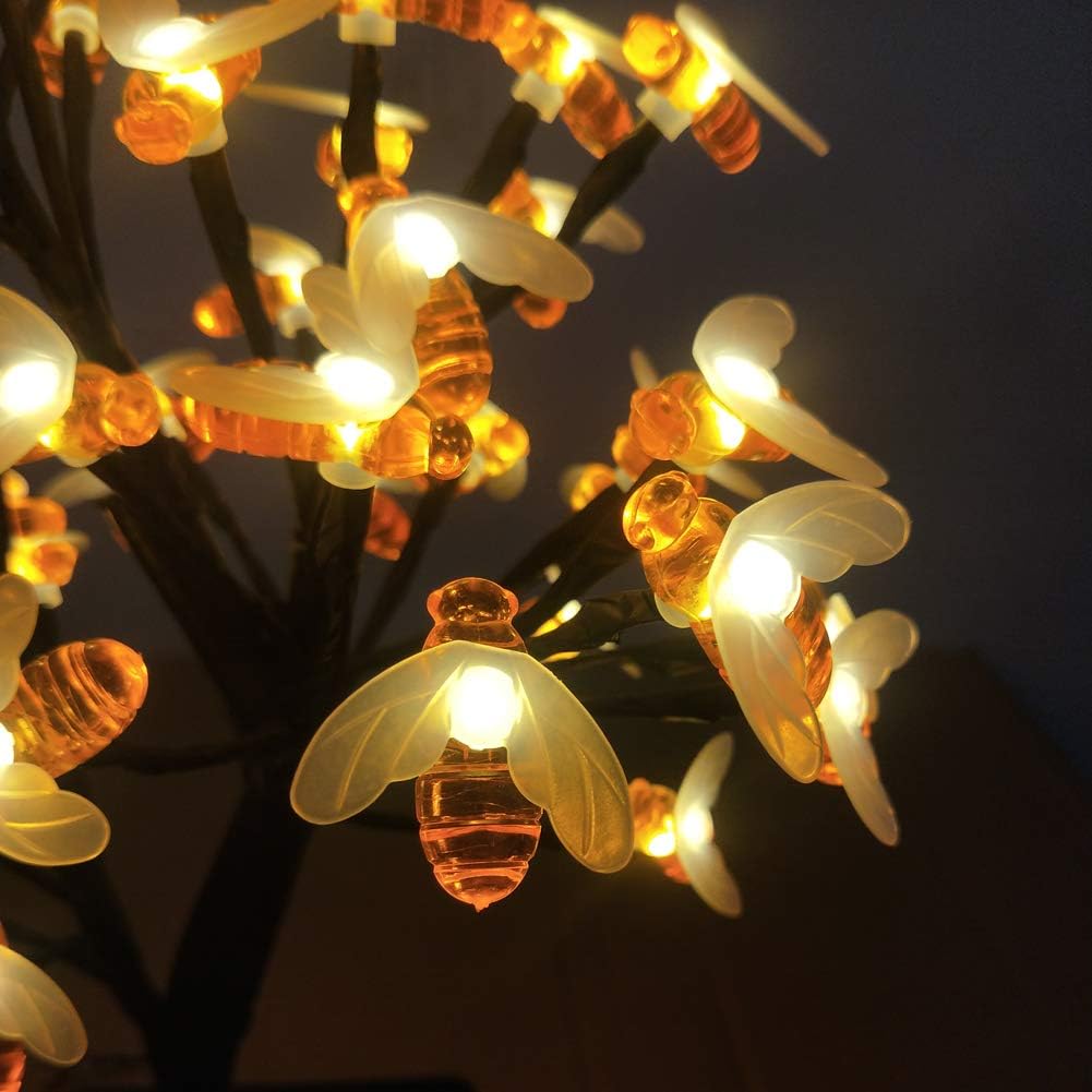 LED Honeybee Tree Light LED Lighted Bee Table Top Night Light Christmas Tree Brances Lighted Bonsai Tree Table Lamp Kids Children Parents Gift Bedroom Home Indoor Decoration (Warm Light)