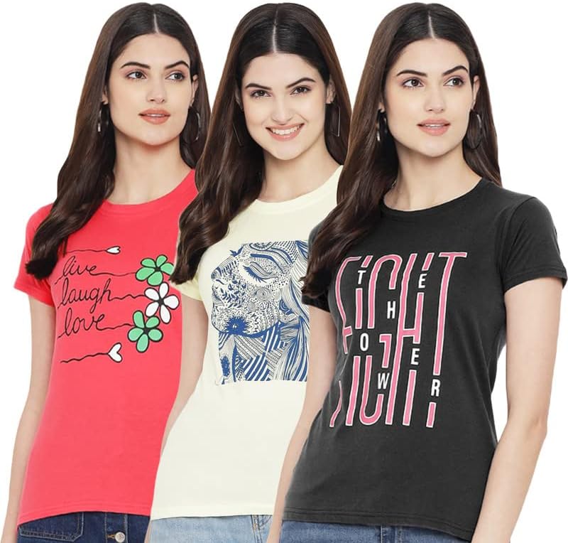 Preneum Women's Cotton Regular Fit Latest Graphic Stylish Printed Short Sleeves Casual T-Shirt || Trend & Style (Pack 3)