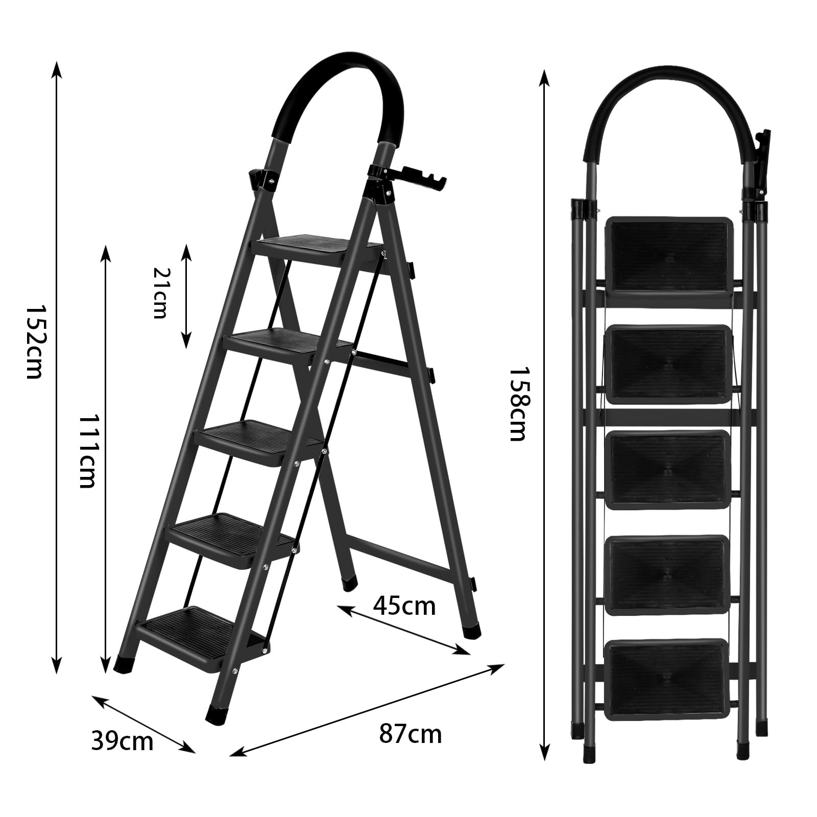Escabeau Pliable 5 Marches avec Plateau à Outils et Mains Courantes, pour Maison Cuisine Garde-Manger Placards Bureau, Échelle Marche Pied Pliante 5-Level pour Intérieur Extérieur (Noir)