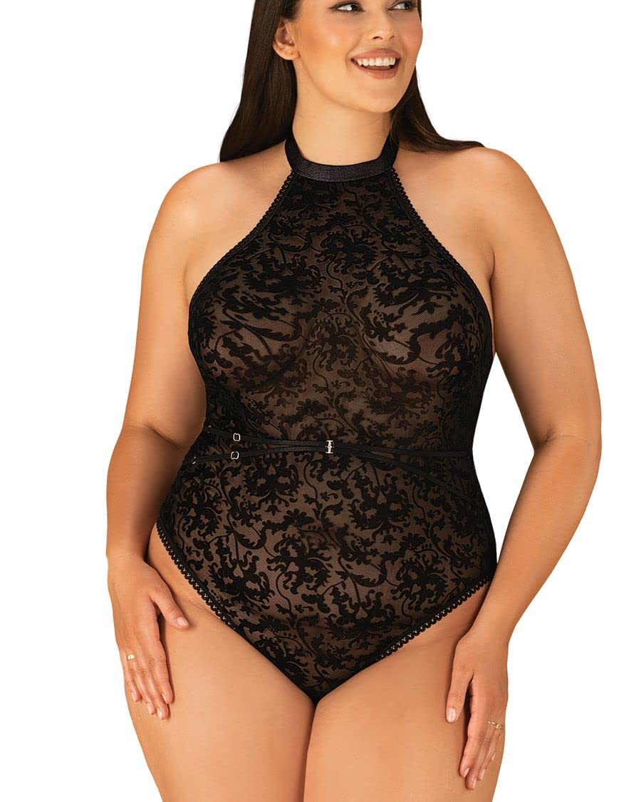 Obsessive. Frauen Dessous Teddy Body in schwarz mit Neckholder und Spitze transparent erotisch aus Stretch elastisch