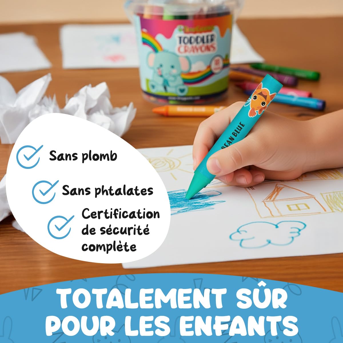 18 Crayons De Cire Lavables Pour Tout-petits 3-8 Ans – Incassables, Non Toxiques – Avec Feuilles De Coloriage – Seau De Rangement