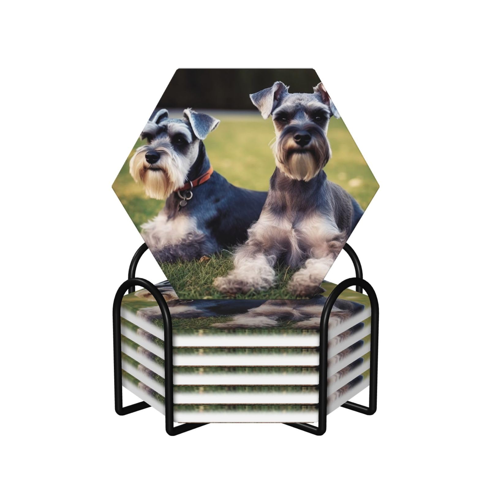 6Pcs Ceramics Coaster for Drinks, Adult Schnauzer Dogs Cup Coasters with Holder, Aesthetic Drink Coasters for Coffee Table, Absorbent Round Coaster for Tabletop Protection 4" Cup Mat Pad