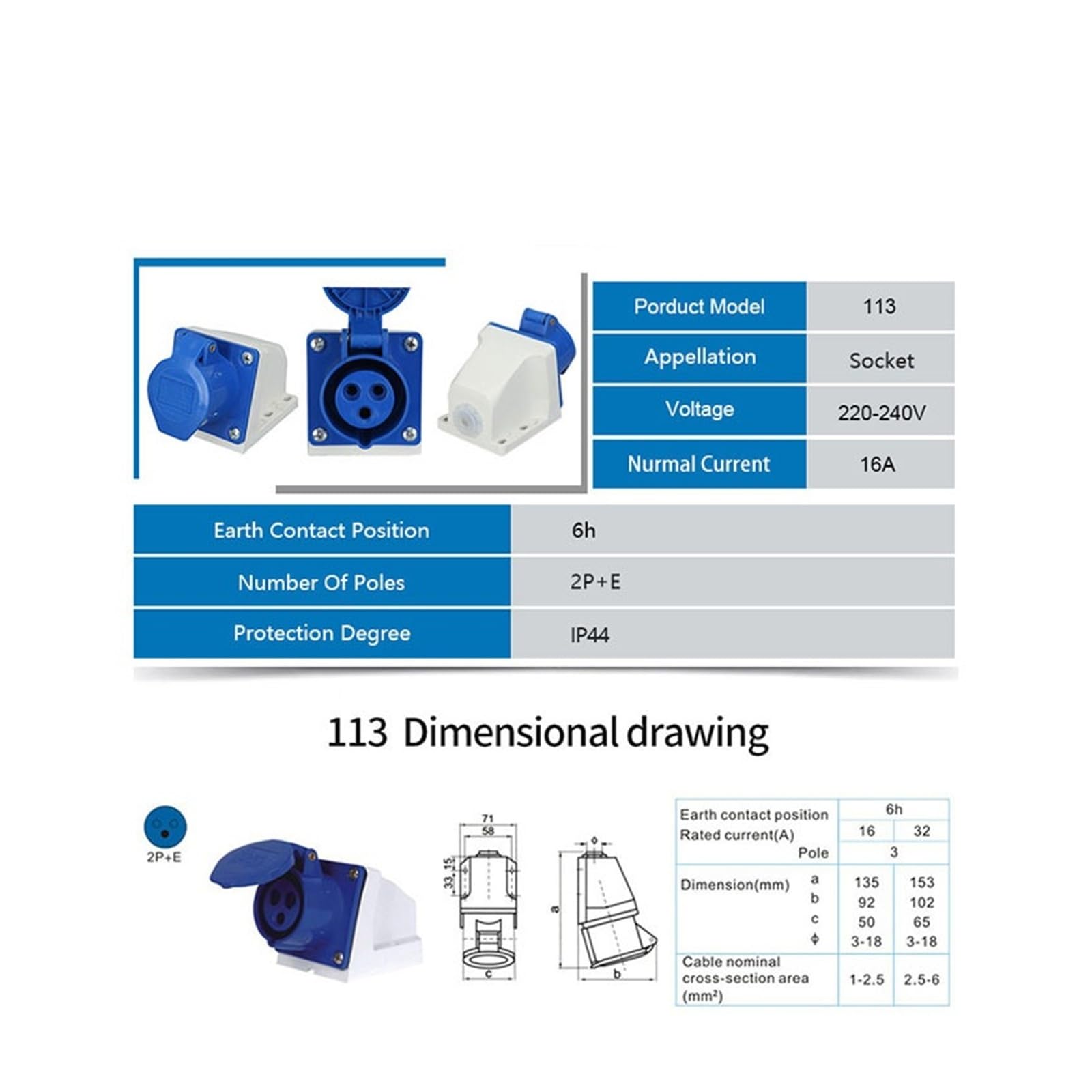 IP44 16A 3Pin 220-240V Wodoodporna wtyczka i gniazda