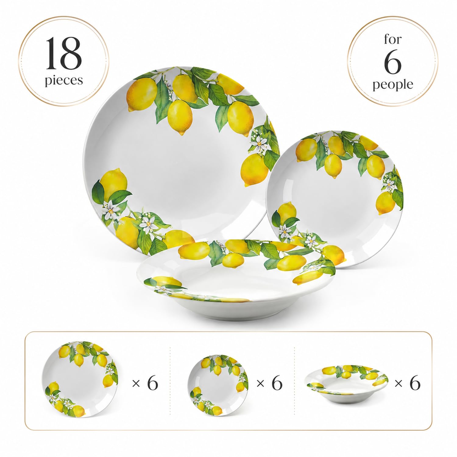 Vajilla 18 Piezas Limones Porcelana Set Completo para 6 Personas Platos De Comida Postre Diseño Cítrico