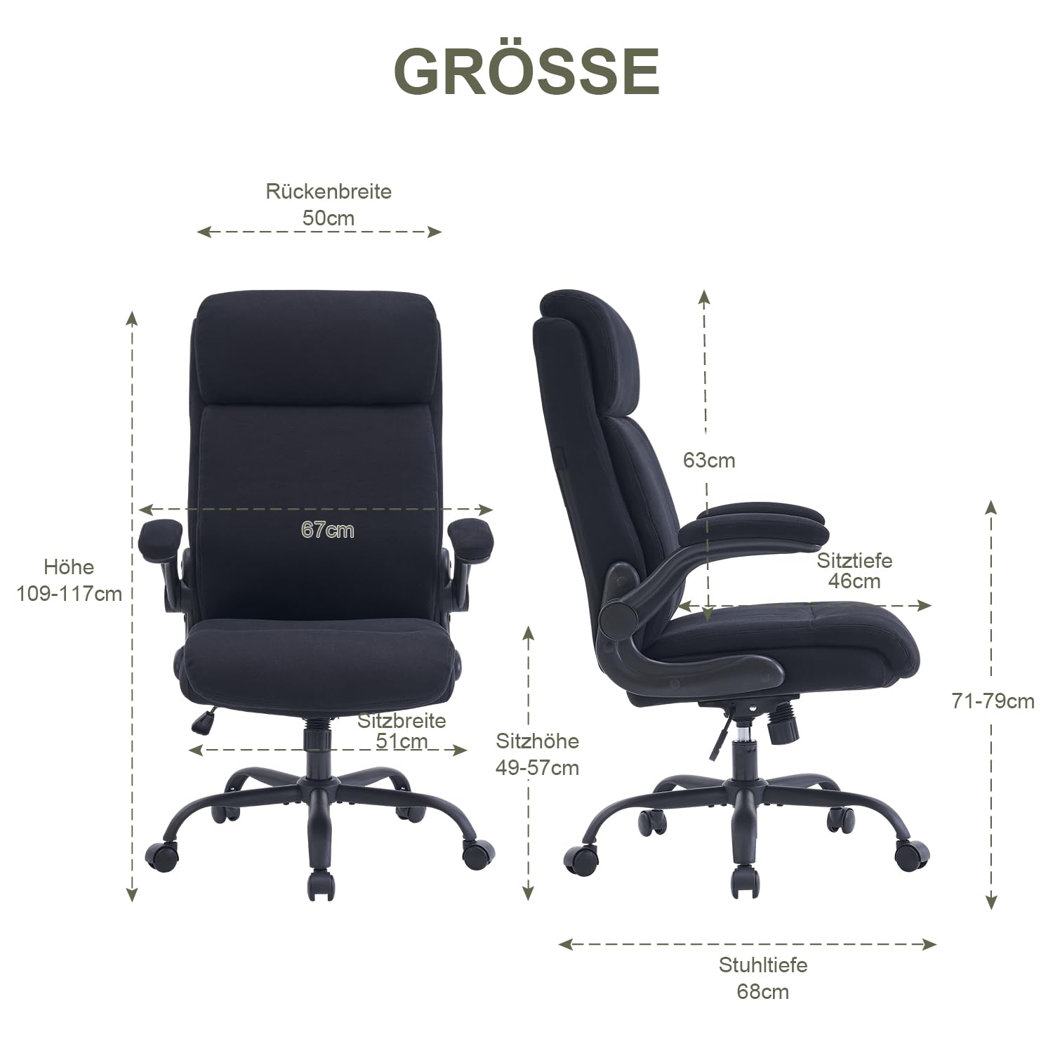 CASTLOVE Ergonomischer Bürostuhl - Schreibtischstuhl mit Rückenlehne - Hochklappbare Armlehne - Hohe Rückenlehne - Höhenverstellbar - Wippfunktion (Bürostuhl Stoff Schwarz Max. 150 kg)