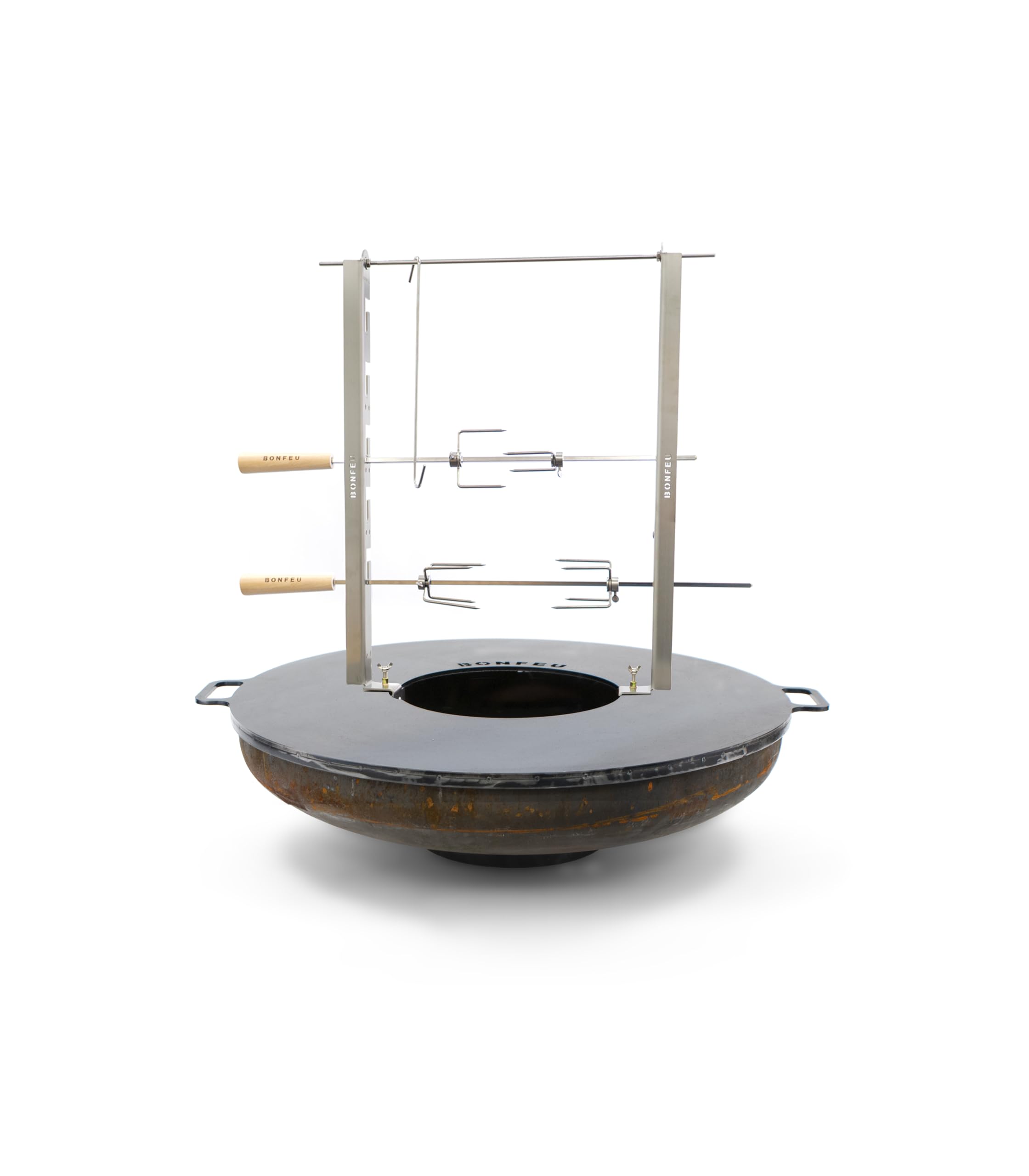 BonFeu Set de Rôtisserie en Acier Inoxydable - Kit Tournebroche pour Brasero BonBiza et Planchas Ø 60/80/100 cm - Inclus 2 Broches, Pinces et Crochet en S - Idéal pour Grillades au Feu de Bois
