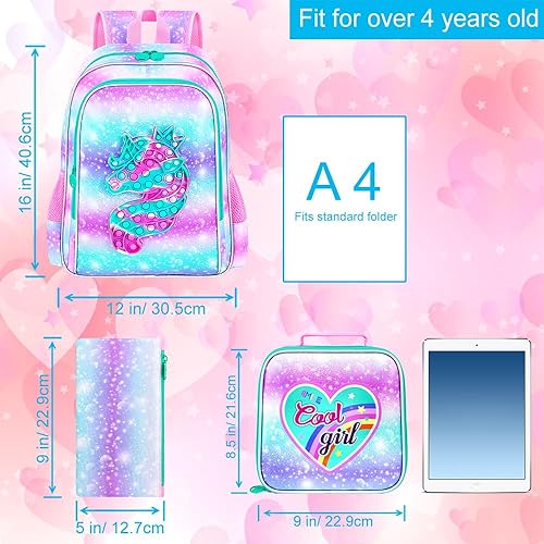Vista 3 de CCJPX Mochila de unicornio de 3 piezas para niñas, 16 pulgadas, resistente al agua, primaria, preescolar, jardín de infantes, escolar con lonchera