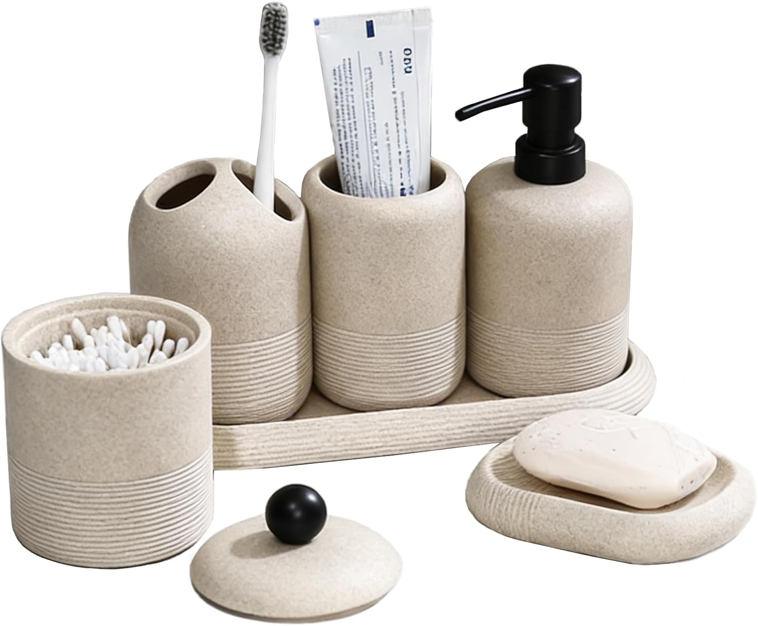 6-Piece Resin Bathroom Accessory Set, Including Soap Dispenser, Toothbrush Holder, Water Cup, Makeup Tray, soap Dish, and Cotton Swab Holder, Ideal for Home Organization and Decoration (Beige)