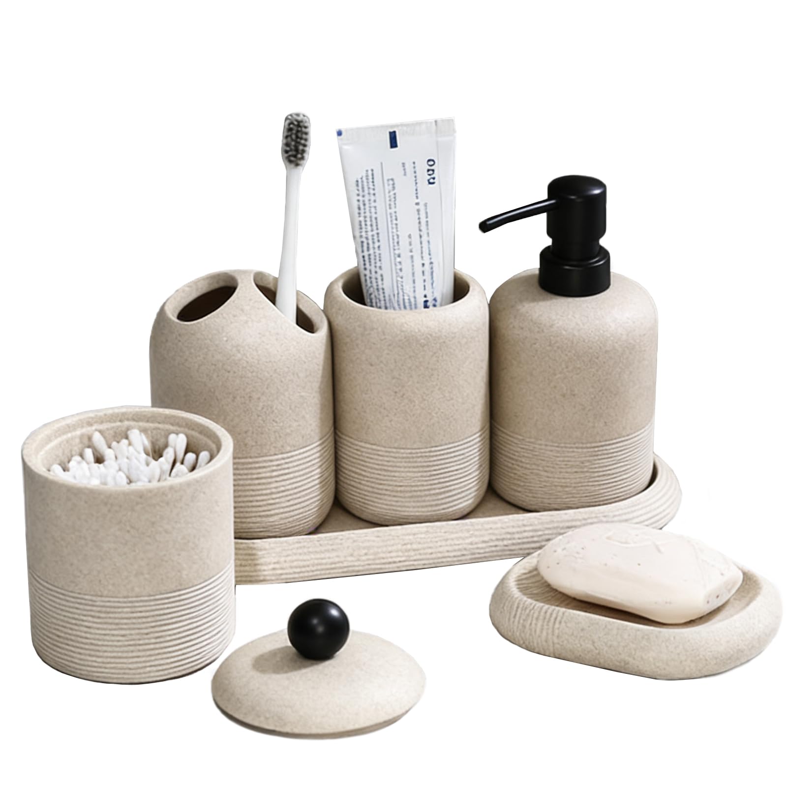 6-Piece Resin Bathroom Accessory Set, Including Soap Dispenser, Toothbrush Holder, Water Cup, Makeup Tray, soap Dish, and Cotton Swab Holder, Ideal for Home Organization and Decoration (Beige)