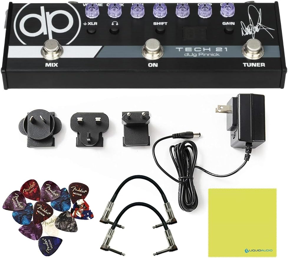 Tech 21 SansAmp dUg Pinnick DP-3X Signature Pedal Bundle w/ 2x Strukture S6P48 Woven Right Angle Patch Cables, 12x Fender Picks and Liquid Audio Polishing Cloth