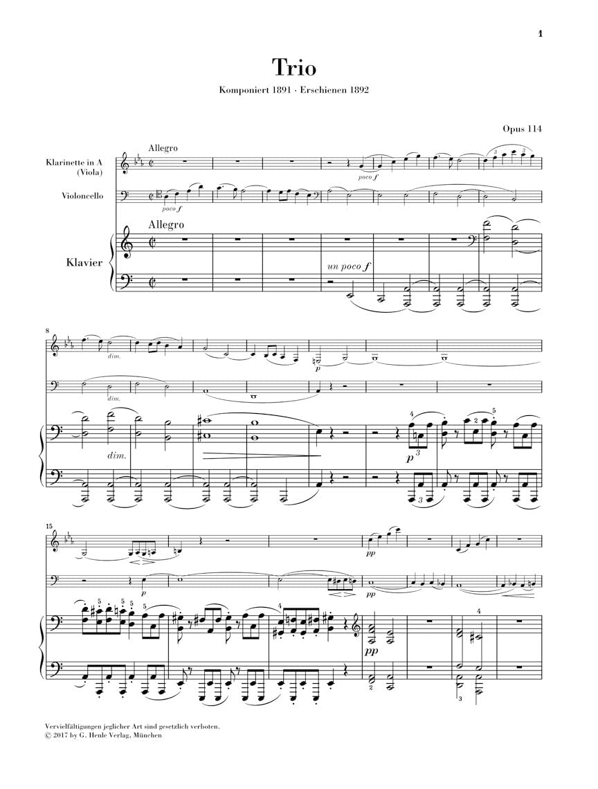 Klarinettentrio a-moll op. 114 für Klavier, Klarinette (Viola) und Violoncello; revidierte Ausgabe: Klarinette (Viola), Violoncello und Klavier