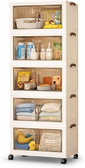 SKY-TOUCH 5 Layer Collapsible Storage Bins, Stackable Plastic Storage Cabinet with Wheels, Dual Opening Storage Box with Magnetic Doors for Home, Living Room, Office, Closet, 60x36x176cm, White