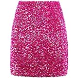 REEMONDE Women's Sequin Skirt Sparkle Stretchy Bodycon Mini Skirts Night Out Party (M, Hot Pink)