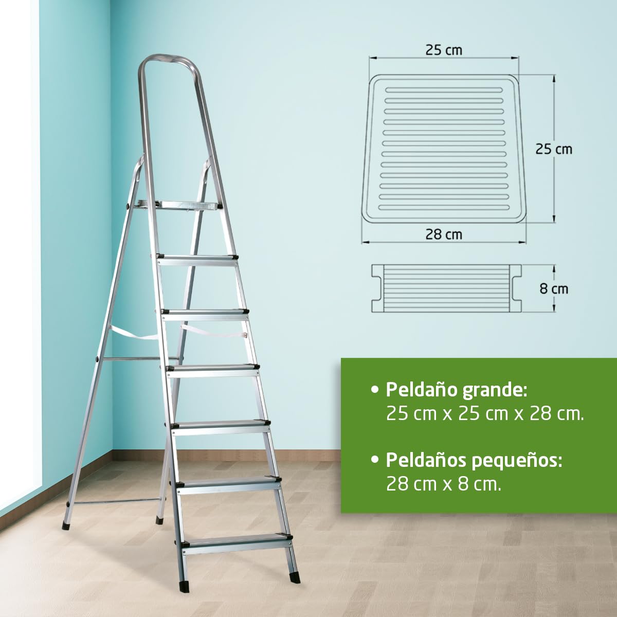Amig - Escalera Plegable con 7 peldaños - Fabricado en Aluminio - Medida de Peldaños Pequeños 28 cm x 8 cm - Medida de Peldaño Grande 25 cm x 25 cm x 28 cm - Uso Doméstico - Carga Máxima: 150 kg