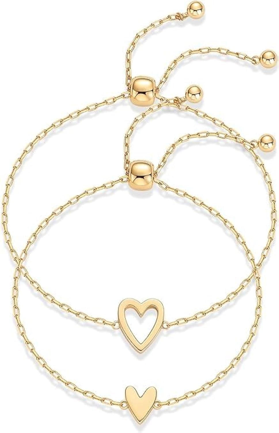 Best Friend Bracelets,14K Gold Plated Matching Heart Charms Solitaire Bracelet Set for Women,Adjustable Love Friendship Two Bracelet Pack