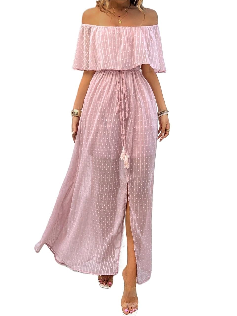MATEKAWomens Solid Color Mesh Off Shoulder Long Dress High Waist