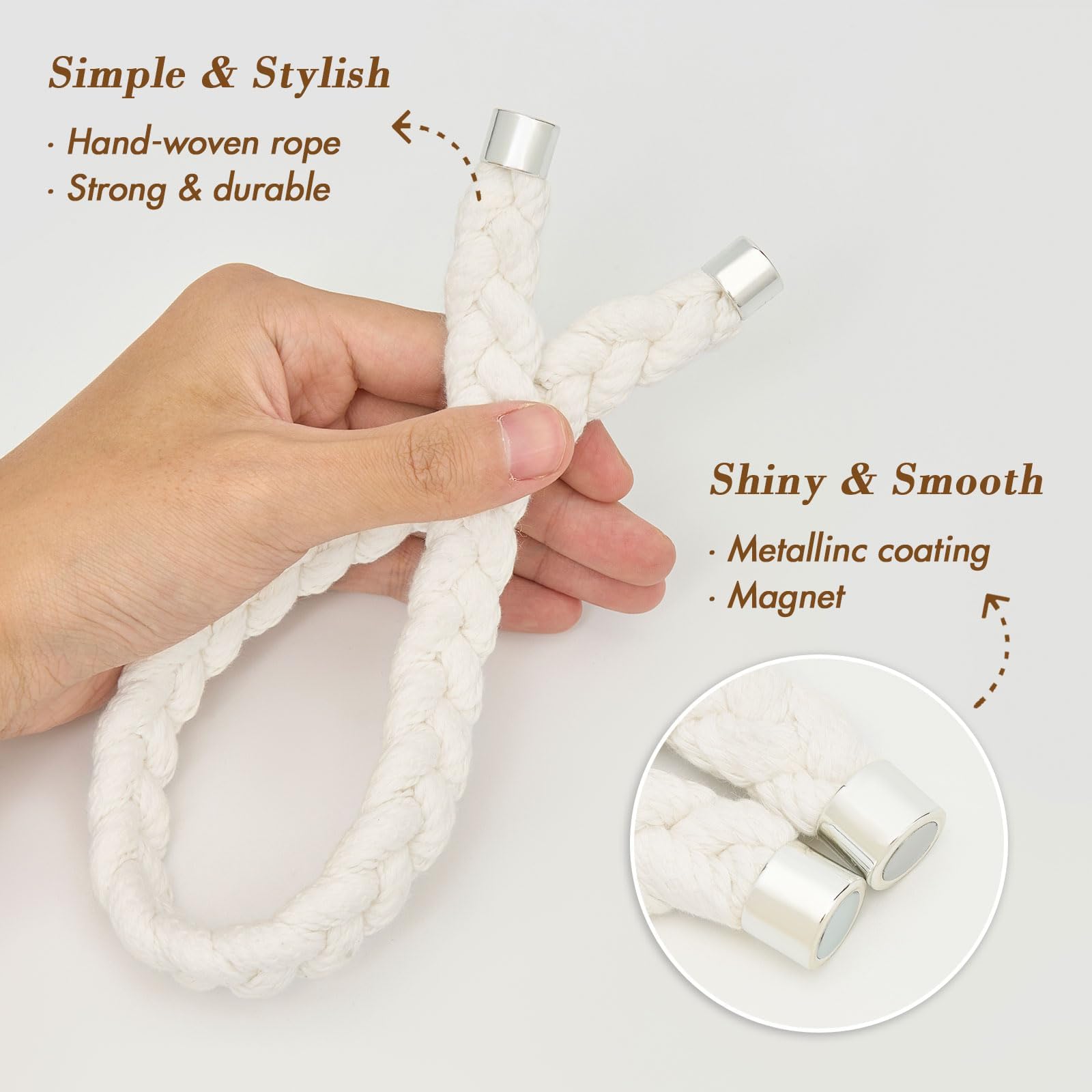 Pretty Jolly 4 Pack Natural Cotton Rope Curtain Tiebacks Elegant Boho Style Magnetic Drape Tie Backs Soft Hand-Woven Rope Curtain Holdbacks for Home & Office Drapery (Cotton rope-02) - Image 4