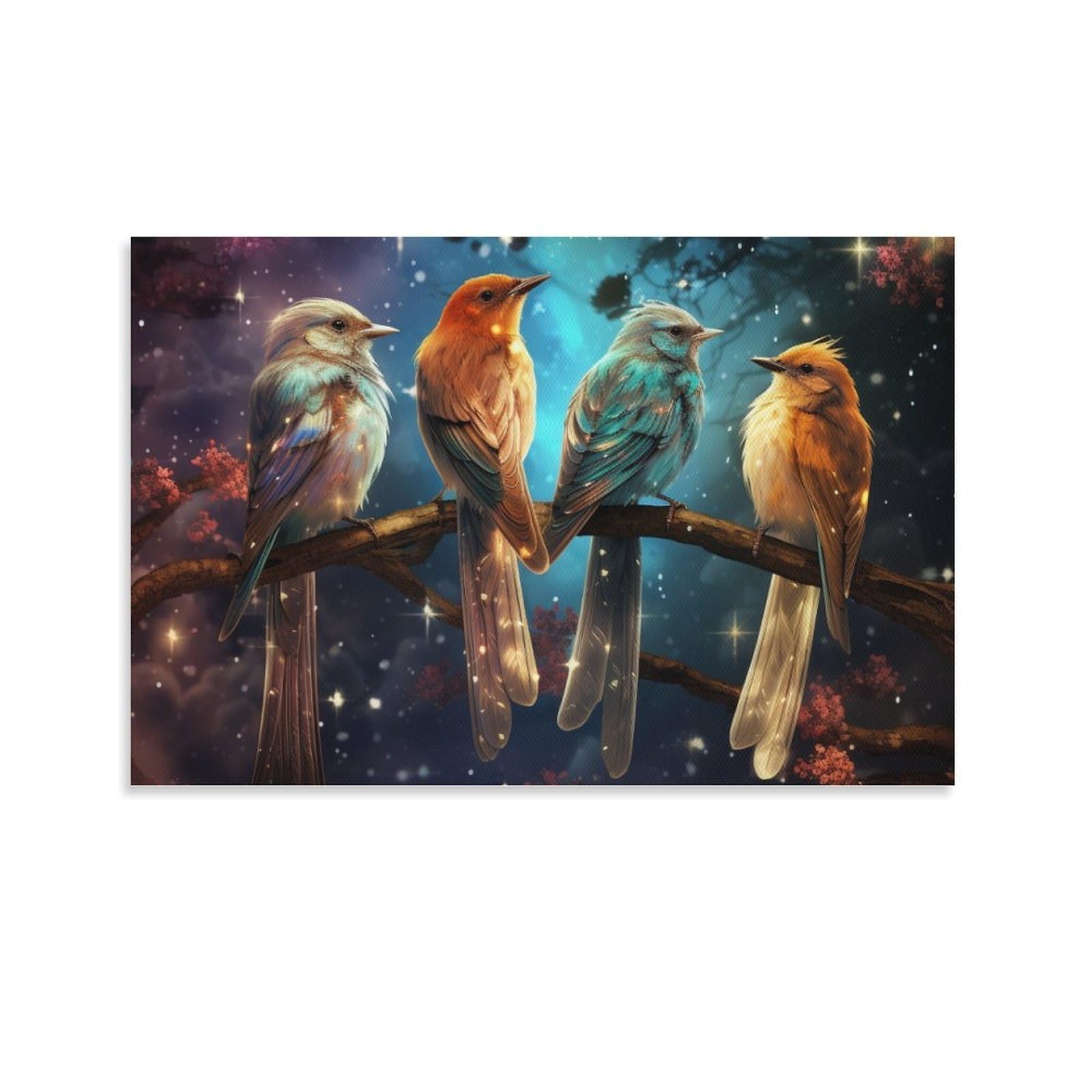 CPLVKWRQJ Bird 1 Piece Four Magical Birds on A Branch Canvas Print - Office Wall Art Fade Resistant Wall Focal Art Statement Piece 24x36inch(60x90cm)