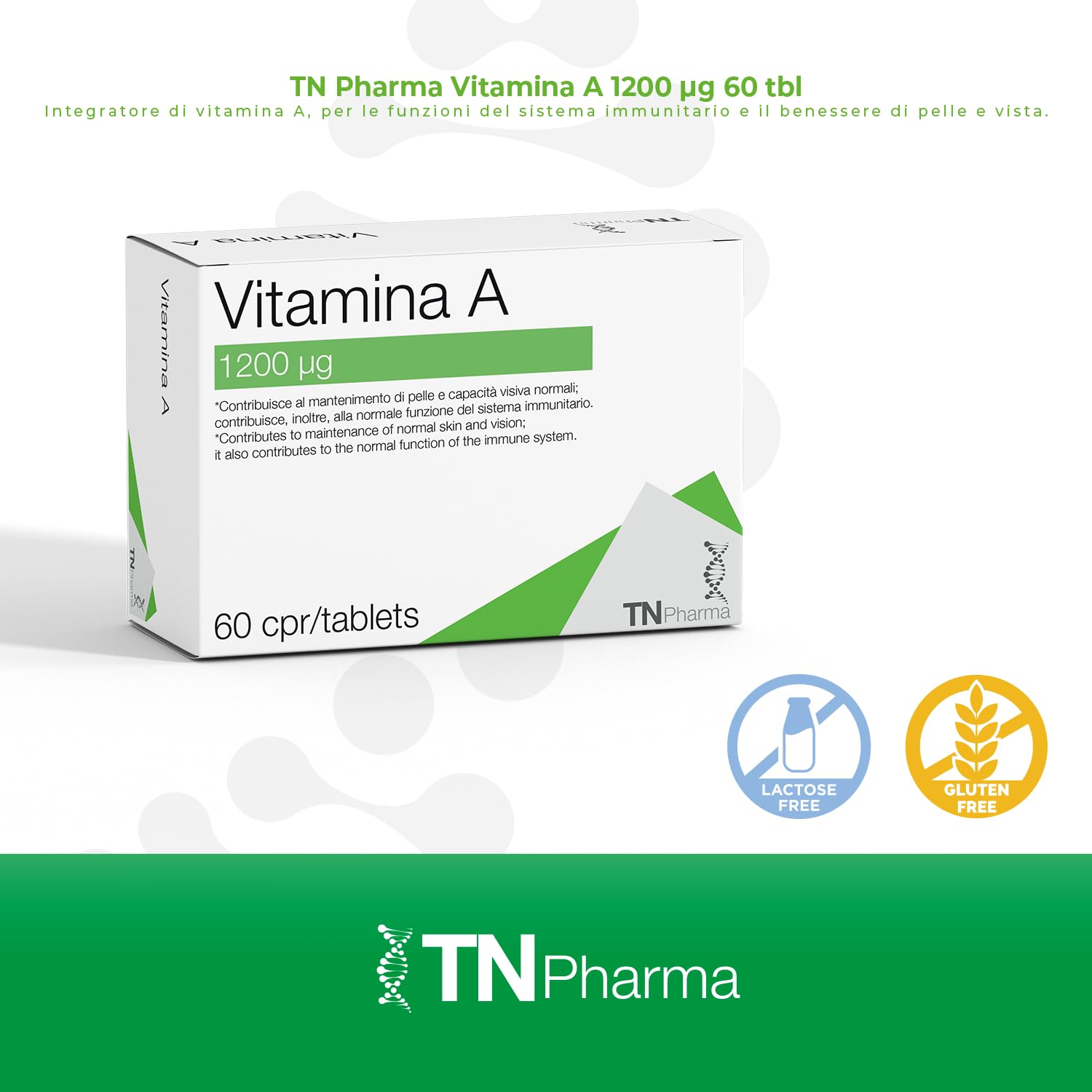 Tn Pharma Vitamina A, 1200 µg, 60 Compresse, Integratore Alimentare, Senza Glutine e Lattosio, Per Sistema Immunitario, Vista e Pelle