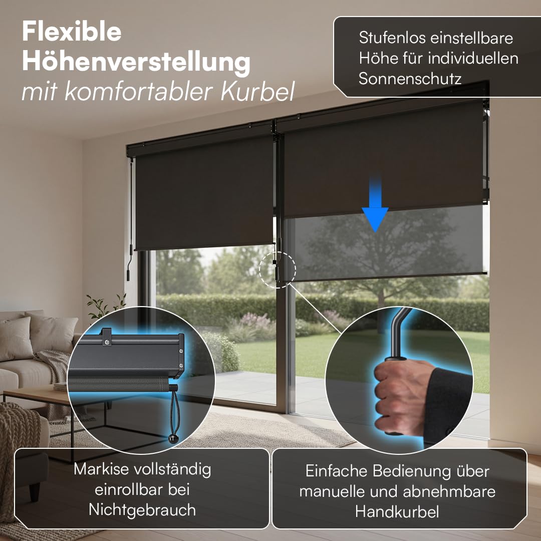 STEELSØN Azurian Senkrechtmarkise außen – Sichtschutz Balkon 200x250 cm – Außenrollo mit Handkurbel Anthrazit – Balkonmarkise als Windschutz, Sonnenschutz – Vertikalmarkise wetterfest inkl. Montageset