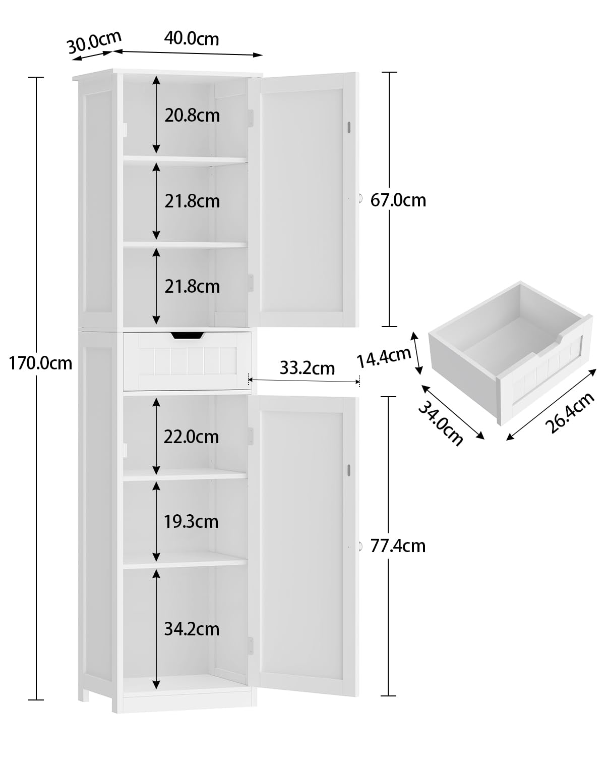 TEENFON Badezimmerschrank Schmal mit voller 40 cm Breite，Badschrank mit 2 Türen und 1 Schublade, Hochschrank mit Verstellbaren Regalen für Badezimmer, Wohnzimmer, Flur, Küche, 40x30x170 cm, Weiß