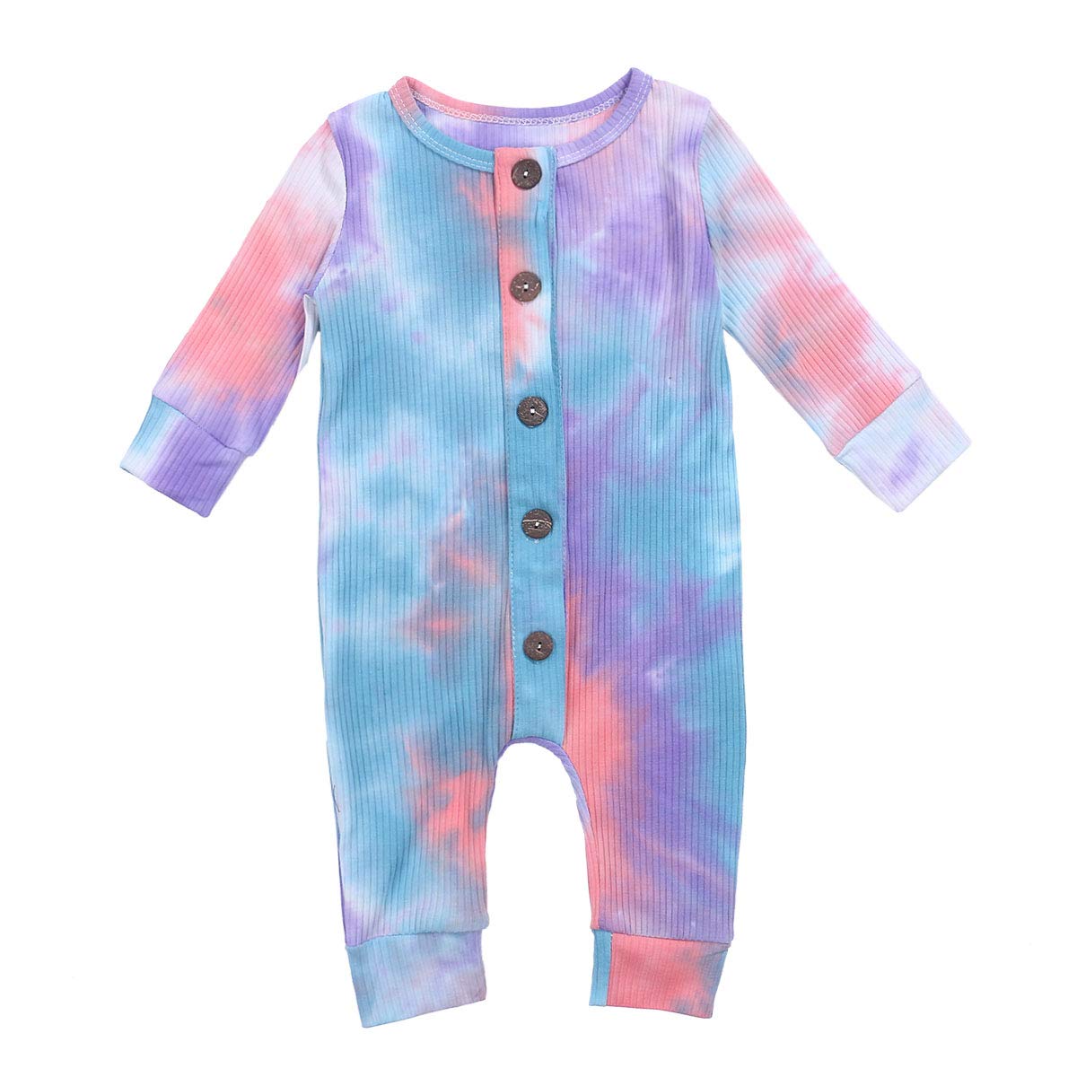 Maemukilabe Newborn Baby Boy/Girl Clothes Tie Dye Romper Button Bodysuit Long Sleeve Jumpsuit Playsuit Basic Plain Outfit