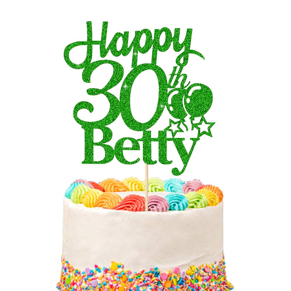 Personalised Name and Age Birthday cake topper. Happy Birthday cake topper. 18th, 21st, 30th, 40th, 50th, 60th Cake topper. Non-shed Double Sided Glitter Cake Decoration (Green)