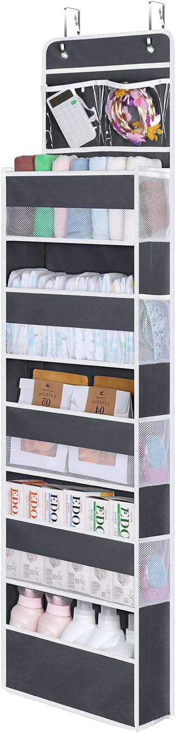 Univivi Over The Door Organizer, 6 Shelf Door Hanging Organizer Nursery Door Storage with PVC Pockets 8 Side Pockets for Bathroom,Cosmetics and Nursery Baby Essential