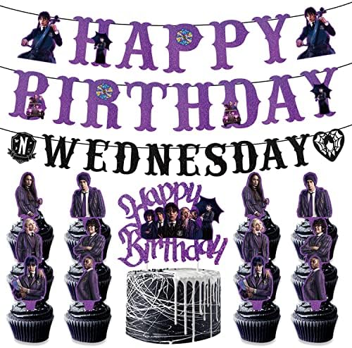 Wednesday Birthday Supplies, Wednesday Theme Birthday Party Decorations Include Banner, Cake Topper, Cupcake Topper, Hanging Swirl, Cartoon Themed Balloons for Boys Girls