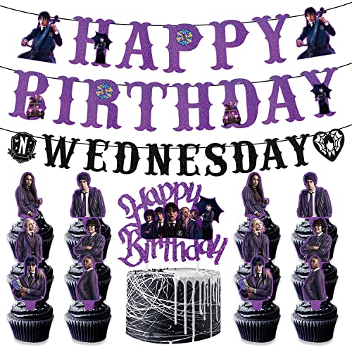 Wednesday Birthday Supplies, Wednesday Theme Birthday Party Decorations Include Banner, Cake Topper, Cupcake Topper, Hanging Swirl, Cartoon Themed Balloons For Boys Girls #TOP3