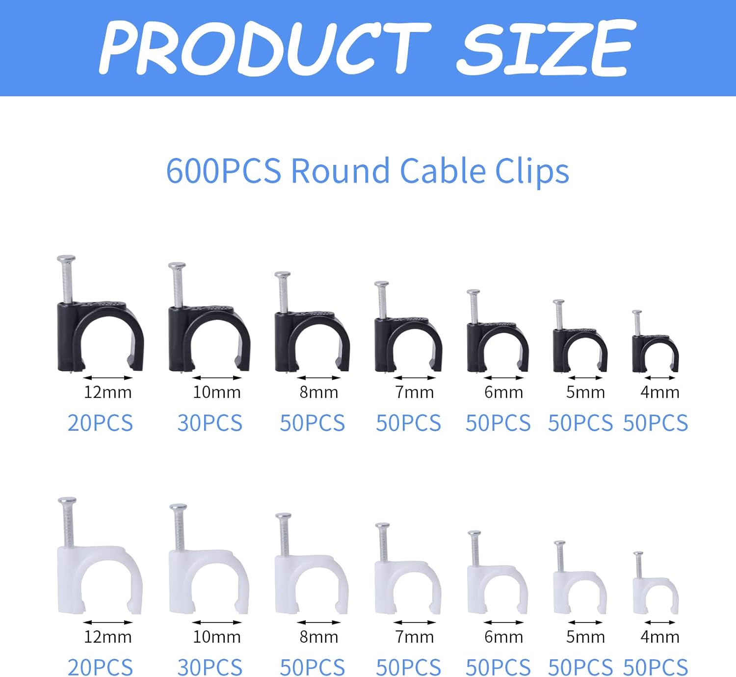 600 Pcs Cable Clips Assortment, Round Cable Clips with Steel Nails, Cable Wall Clips Black White