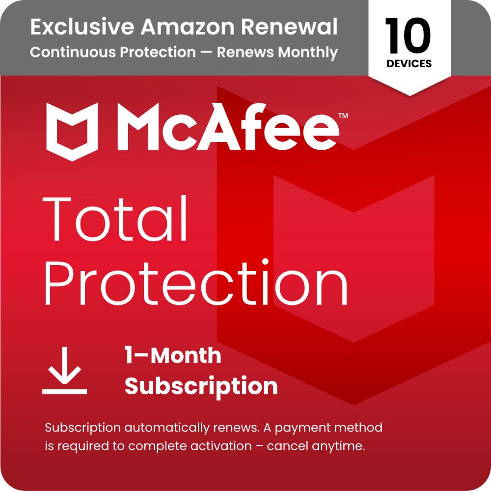 McAfee Total Protection 10-Device 2025 |Security Software Includes Antivirus, Secure VPN, Scam Protection, Password Manager, Identity Monitoring | 1-Month Subscription with Auto Renewal