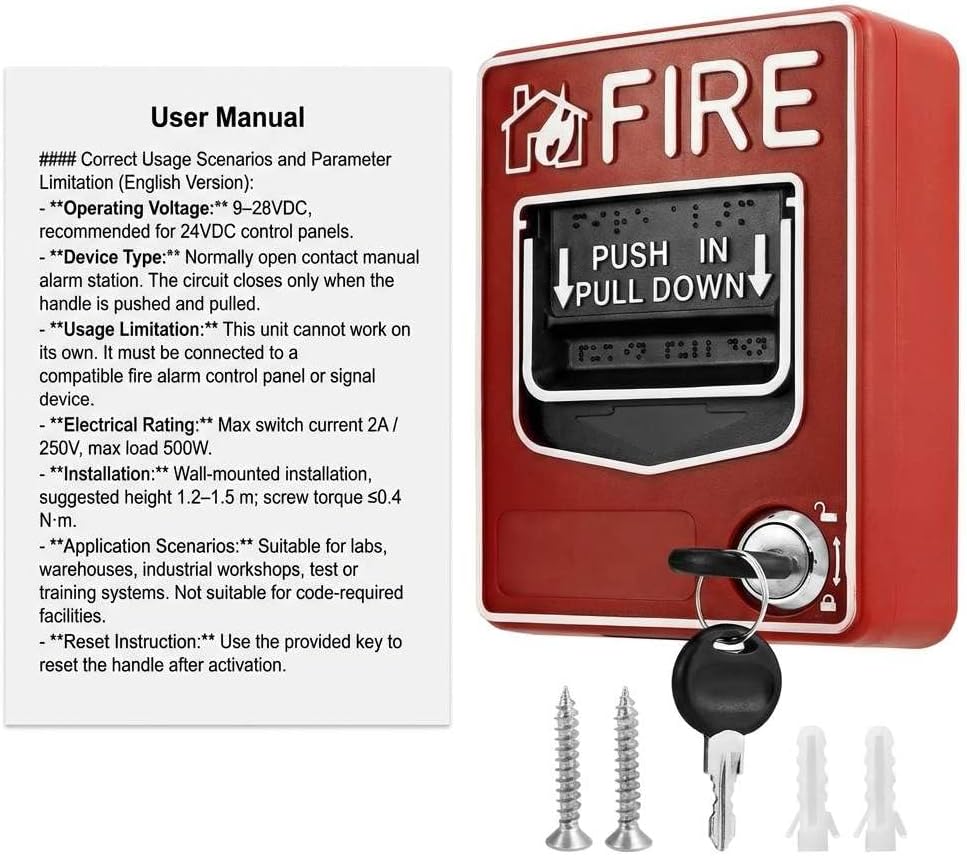 QWORK Dual Action Fire Alarm Call Point 9–28VDC – 2Pack Wired Manual Pull Station with Key Reset for Labs, Warehouses & Workshops
