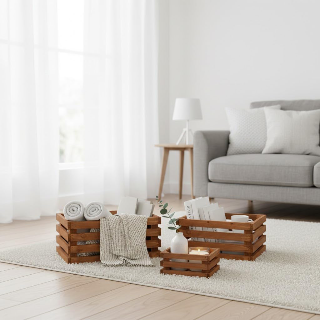 Set of 3 Nesting Wooden Storage Crates - Rustic Wooden Storage Crates for Display Brown Wood Container Boxes Wood Baskets for Farmhouse Flower Stand Display Rack for Shops or Exhibitions Home Decor image 4