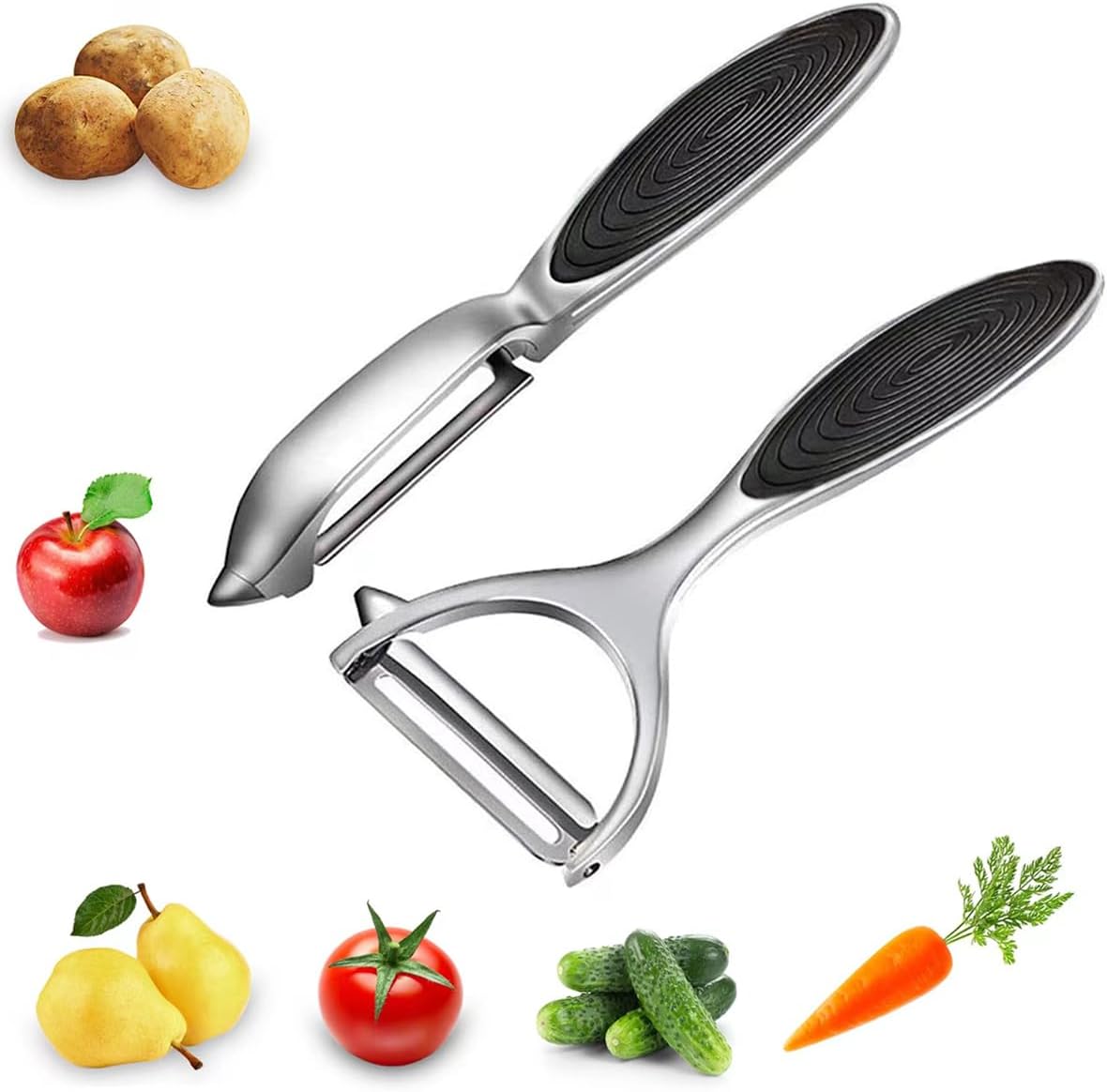 NAISC Potato, Vegetable, Apple, Veggie, Fruit, Carrot，Cucumber, Ginger, Mango Peelers For Kitchen, I and Y Peeler Stainless Steel, Straight & Swivel Peeler Hand, Non-Slip Handle & Sharp Blade (2PCS)H