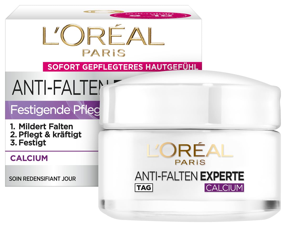 L'Oréal Paris Feuchtigkeitspflege für das Gesicht, Feuchtigkeitspendende Anti-Aging Tagescreme mit Calcium zur Minderung von Falten, Anti-Falten Experte 55+, 1 x 50 ml