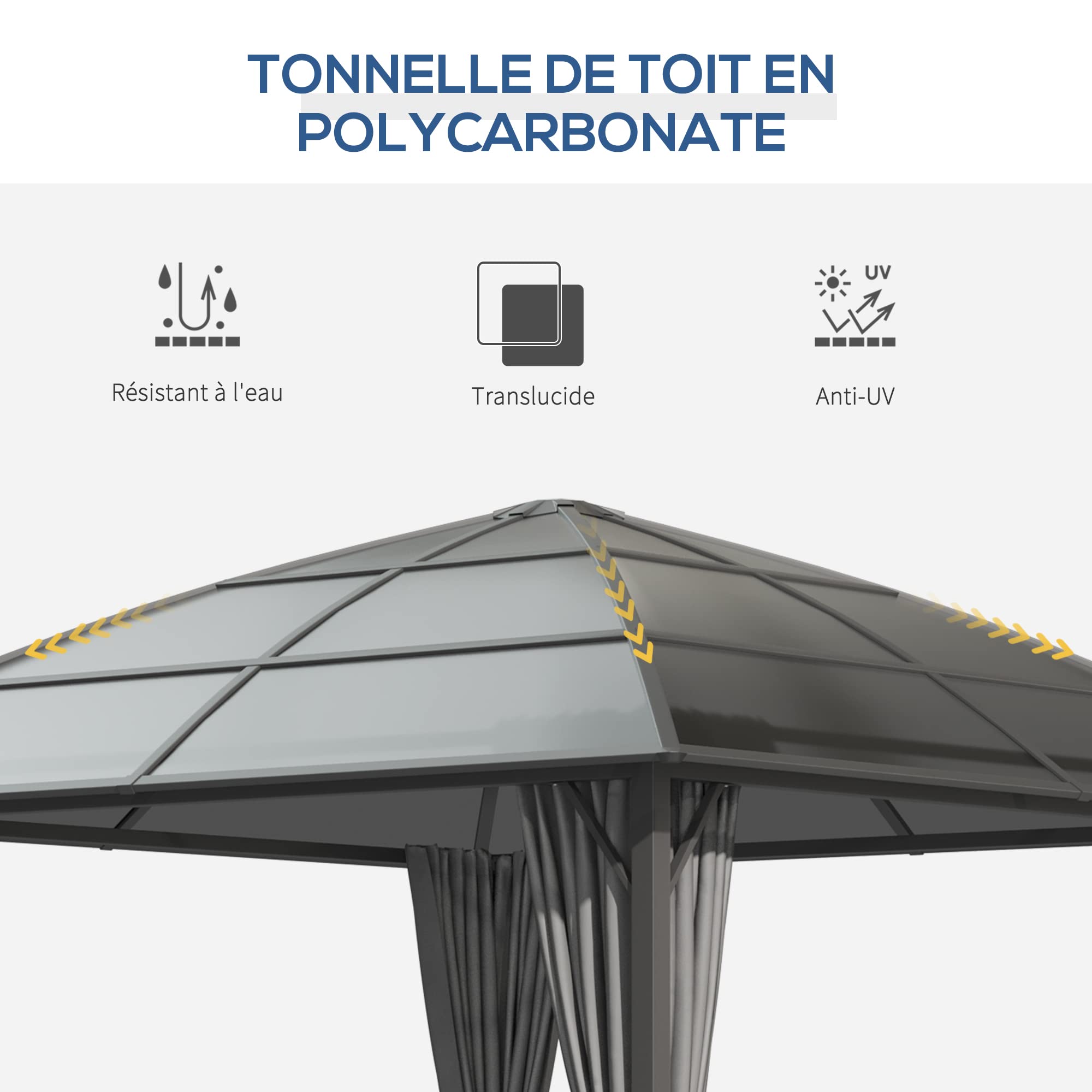 Outsunny Tonnelle de Jardin pavillon de Jardin 3 x 3 m Structure Aluminium Toit Polycarbonate imperméable UV 60+ avec parois latéraux Gris foncé