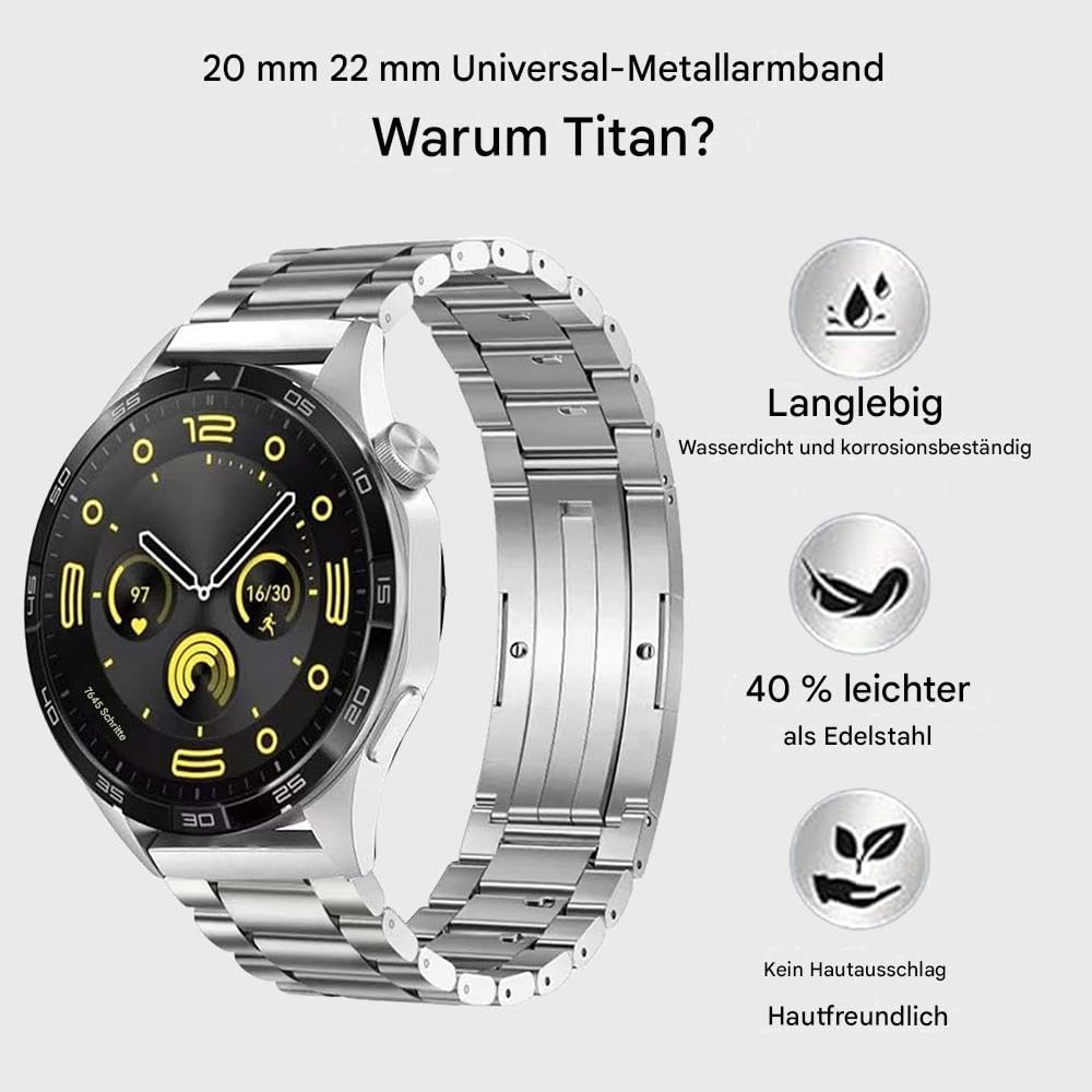 20mm 22mm werkzeugloses Universal-Titanarmband, kompatibel mit Galaxy Watch 6 Classic 43 mm/47mm/5 Pro 45mm/4 Classic 46mm, Metallarmband kompatibel mit Fenix 8 43mm, Gear S3 Frontier