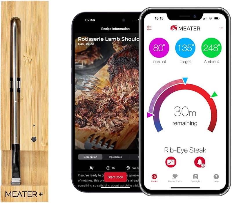 MEATER Plus Smart Meat Thermometer, Honey, Bluetooth, 165ft, Grill & Oven | 165ft Bluetooth range for BBQ, grill, oven, smoker, air fryer, kitchen. Great for steak, chicken, turkey. Recipes in app.