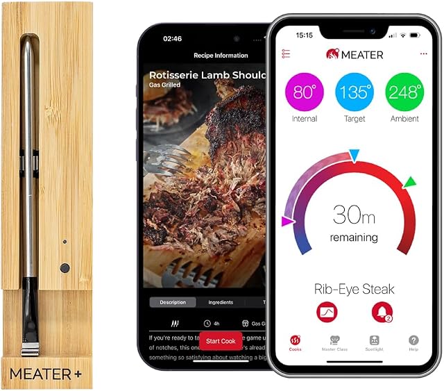 MEATER Plus Smart Meat Thermometer, Honey, Bluetooth, 165ft, Grill & Oven | 165ft Bluetooth range for BBQ, grill, oven, smoker, air fryer, kitchen. Great for steak, chicken, turkey. Recipes in app.