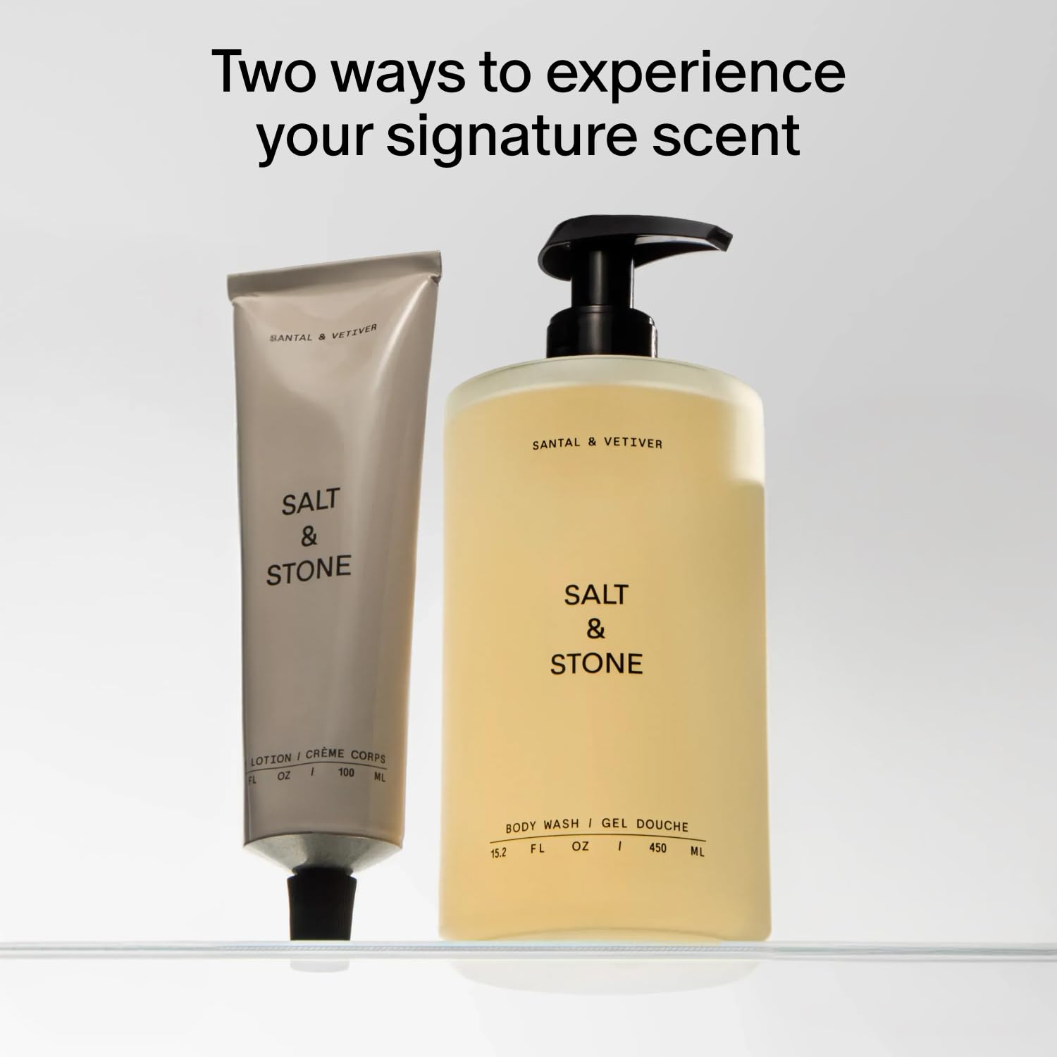 Salt & Stone Hydrating Gel Body Wash + Body Lotion | Santal & Vetiver