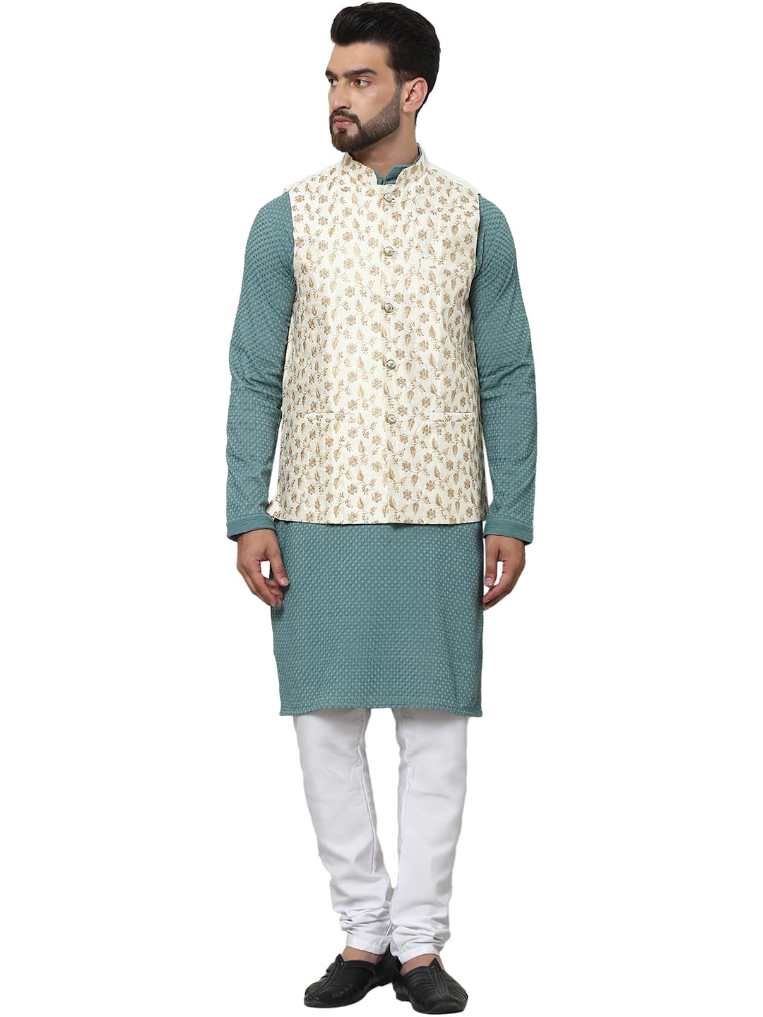 sojanya (Since 1958 Men's Pure Cotton Sea Green Kurta and White Pyjama with Embroidered Cream Nehru Jacket-picture-36