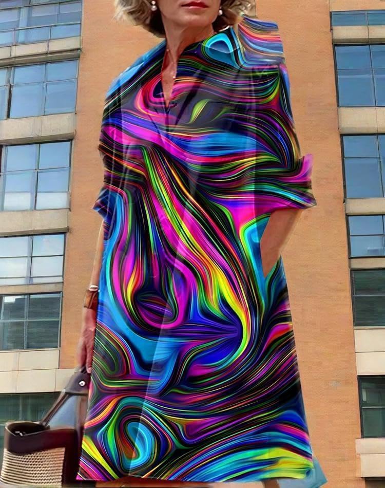 Womens 2025 Long Sleeve Button Down Shirt Summer Dress Casual V Neck Loose Fit Midi Shirt Dresses with Pockets - Image 5