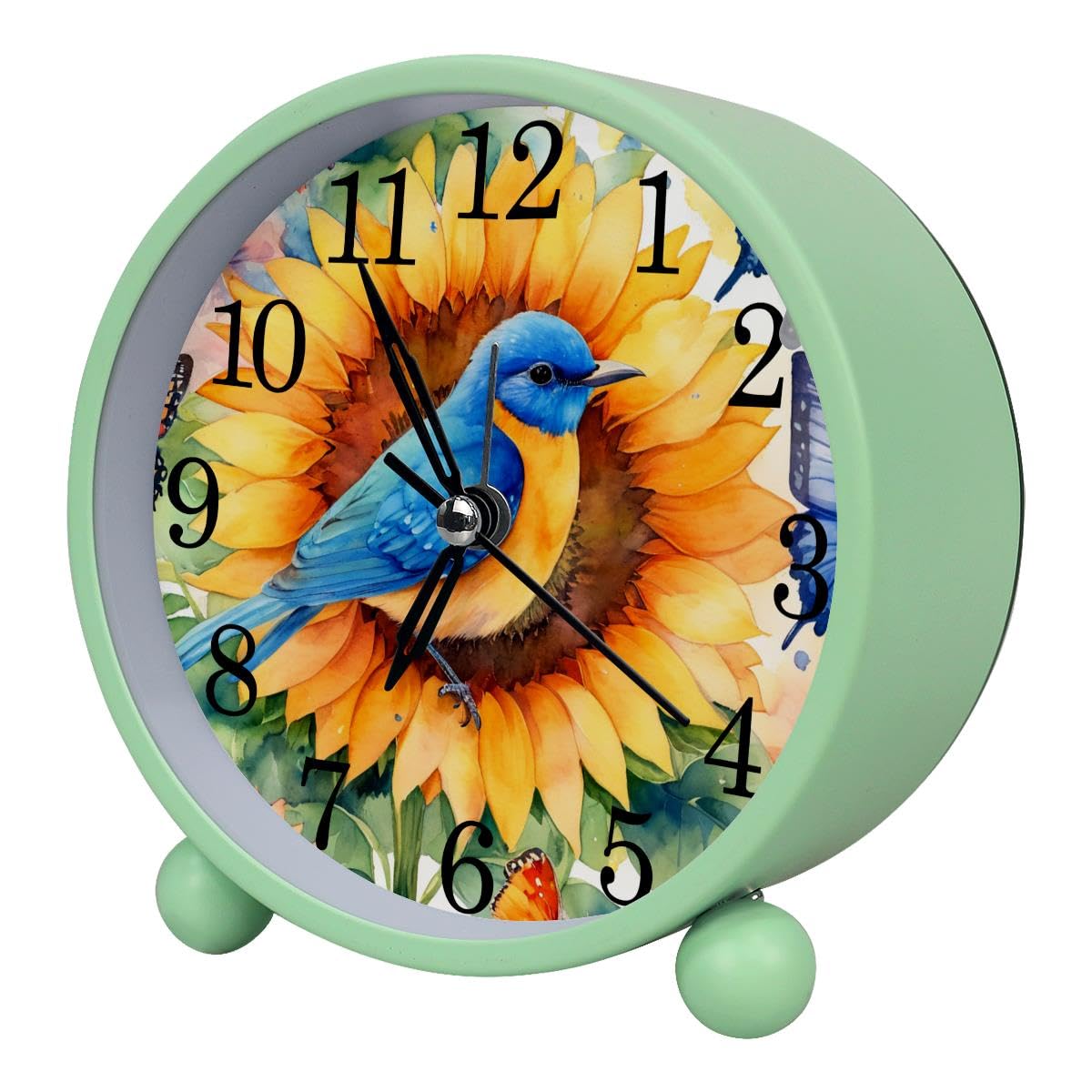 Luoweisi Alarm Clock Sunflowers Bird, Silent Non-Ticking with Night Light, Round Metal Alarm Clock for Office, Battery Operated, Bedroom, Elderly, Adults, Children, Student Gifts