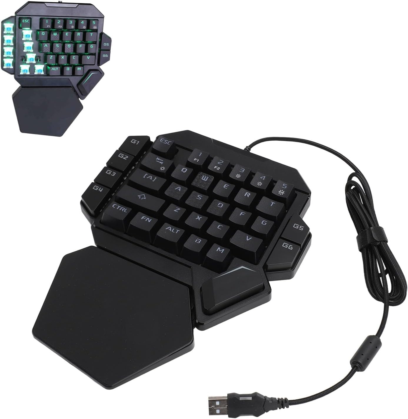 GOWENIC One Handed Gaming Keyboard, 35 Keys Protable Mini Single Hand Keyboard with Wrist Rest, RGB Backlight Blue Switch Mini Gaming Keypad with 6 Macro Recording Keys, for PC