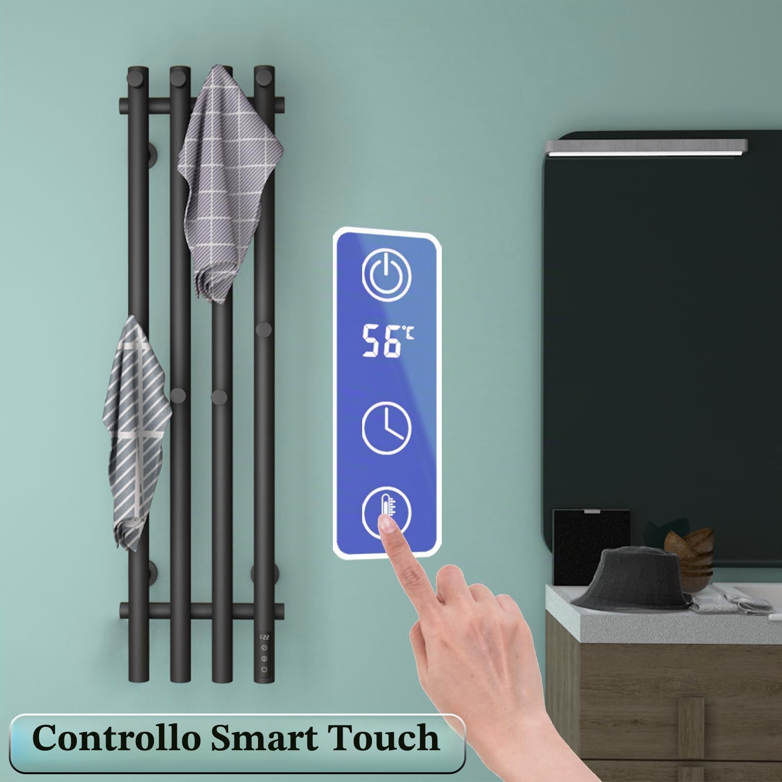 ESOP Scaldasalviette Elettrico Nero Radiatore Scaldasalviette 950 x 257 mm 100 W Termoarredo Elettrico da Bagno Termostato WiFi Intelligente Asciugabiancheria da Parete Stendino Elettrico con 8 Ganci