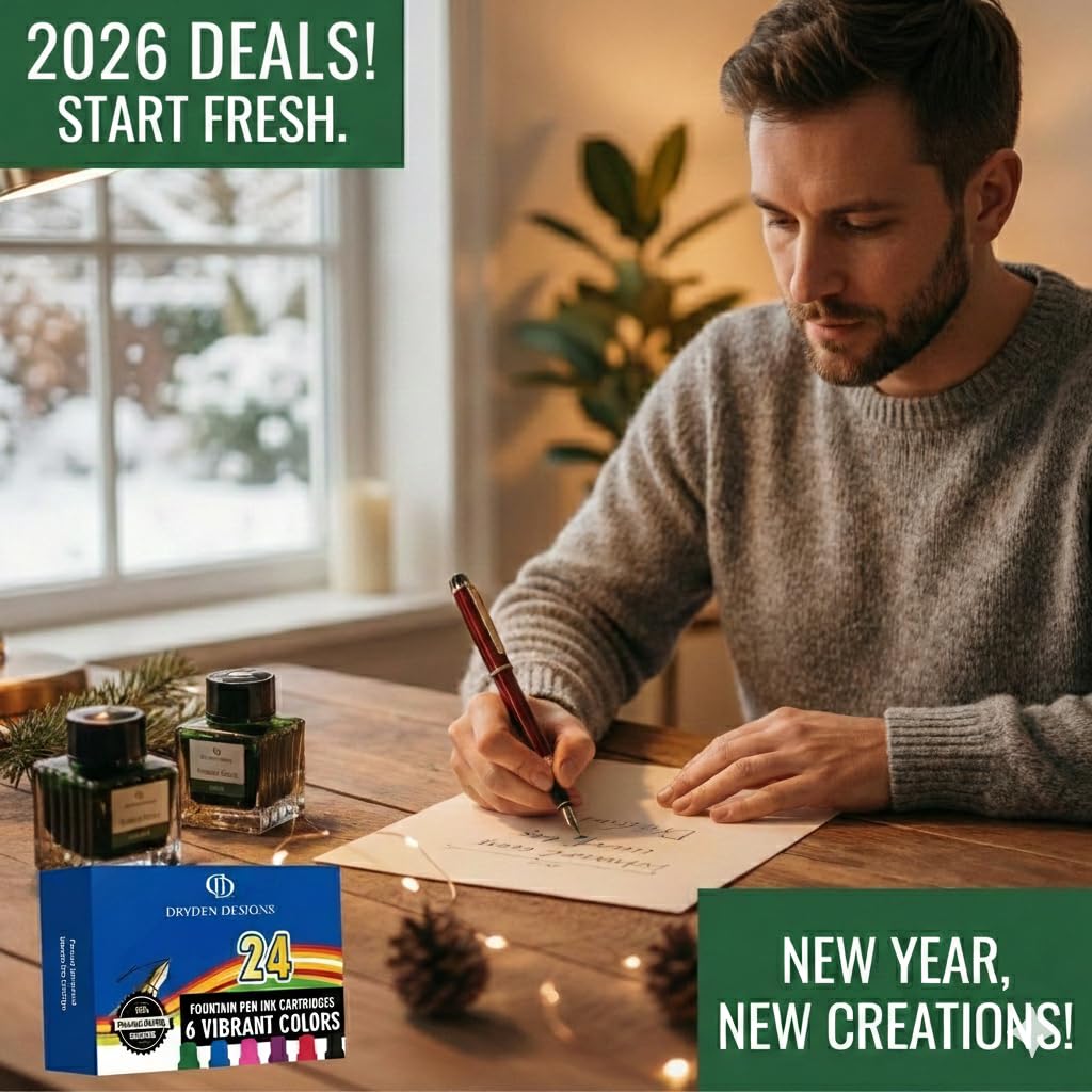 Dryden Designs Pluma estilográfica, punta media y fina, incluye 24 cartuchos de tinta y convertidor de recarga de tinta, bolígrafo de caligrafía, escritura consistente, aspecto suave, negro intenso.