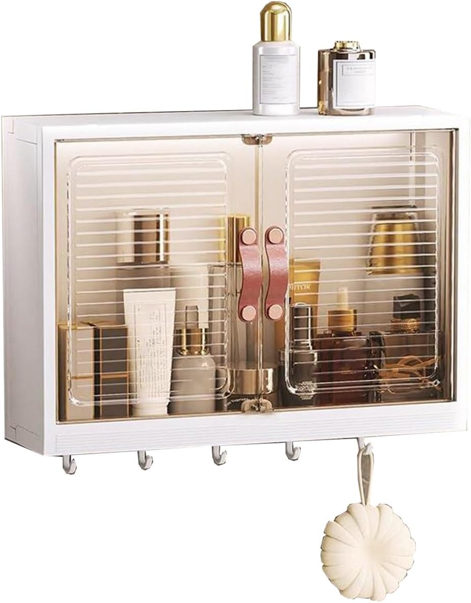 Over The Toilet Storage Cabinet with 5 Hooks and Double Doors, Above Toilet Storage Wall Mounted, Wall Shelving Bathroom Wall Over Toilet Cabinet for Space Saver (/White)